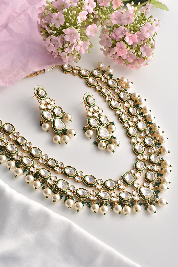 Gold Finish Green Moissanite Polki & Pearl Layered Necklace Set by Swabhimann Jewellery at Pernia's Pop Up Shop