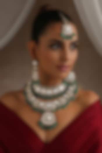 Gold Finish Green Moissanite Polki Layered Necklace Set by Swabhimann Jewellery at Pernia's Pop Up Shop