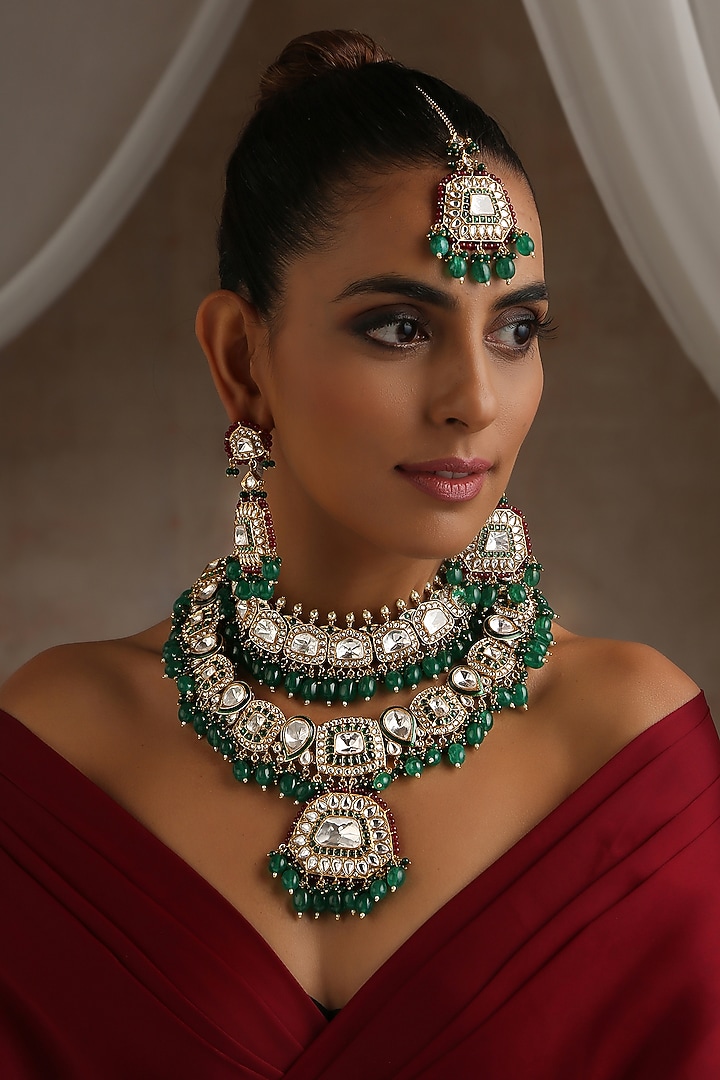 Gold Finish Green Moissanite Polki Layered Necklace Set by Swabhimann Jewellery at Pernia's Pop Up Shop