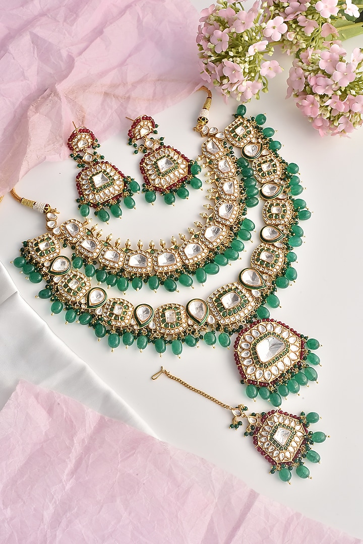 Gold Finish Green Moissanite Polki Layered Necklace Set by Swabhimann Jewellery at Pernia's Pop Up Shop