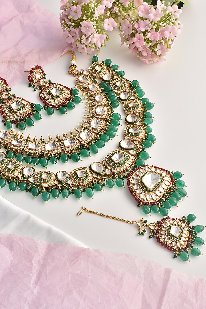 Gold Finish Green Moissanite Polki Layered Necklace Set by Swabhimann Jewellery at Pernia's Pop Up Shop