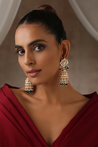Gold Finish Green Kundan Polki Jhumka Earrings by swabhimann jewellery