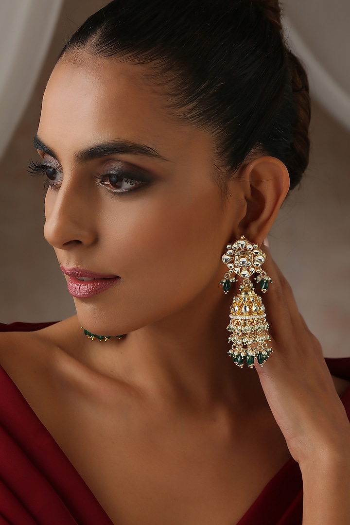Gold Finish Green Kundan Polki Jhumka Earrings by Swabhimann Jewellery at Pernia's Pop Up Shop