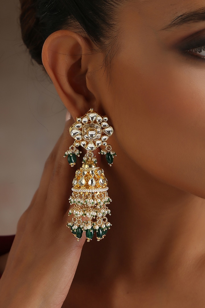 Gold Finish Green Kundan Polki Jhumka Earrings by Swabhimann Jewellery at Pernia's Pop Up Shop
