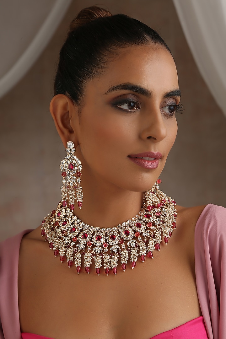 Gold Finish Red Victorian Polki Choker Necklace Set by Swabhimann Jewellery at Pernia's Pop Up Shop