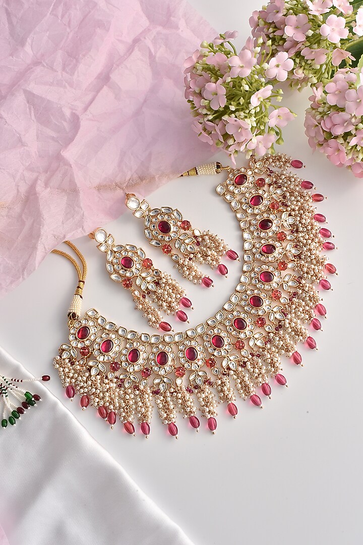Gold Finish Red Victorian Polki Choker Necklace Set by Swabhimann Jewellery at Pernia's Pop Up Shop