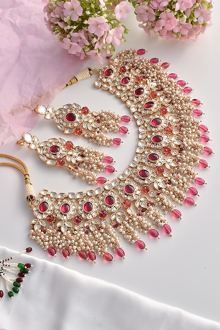 Gold Finish Red Victorian Polki Choker Necklace Set by Swabhimann Jewellery at Pernia's Pop Up Shop