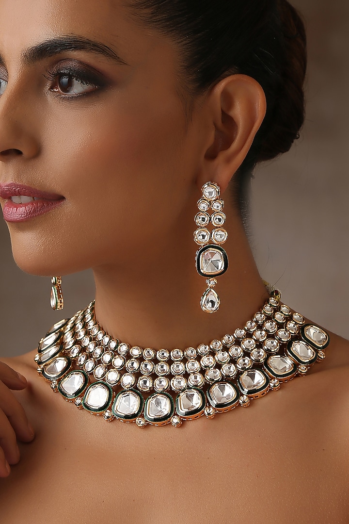 Gold Finish Moissanite Polki Choker Necklace Set by Swabhimann Jewellery at Pernia's Pop Up Shop