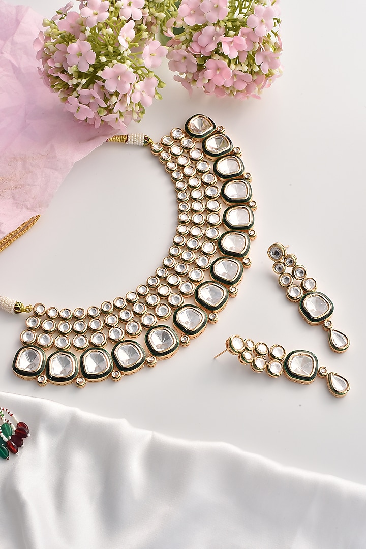 Gold Finish Moissanite Polki Choker Necklace Set by Swabhimann Jewellery at Pernia's Pop Up Shop