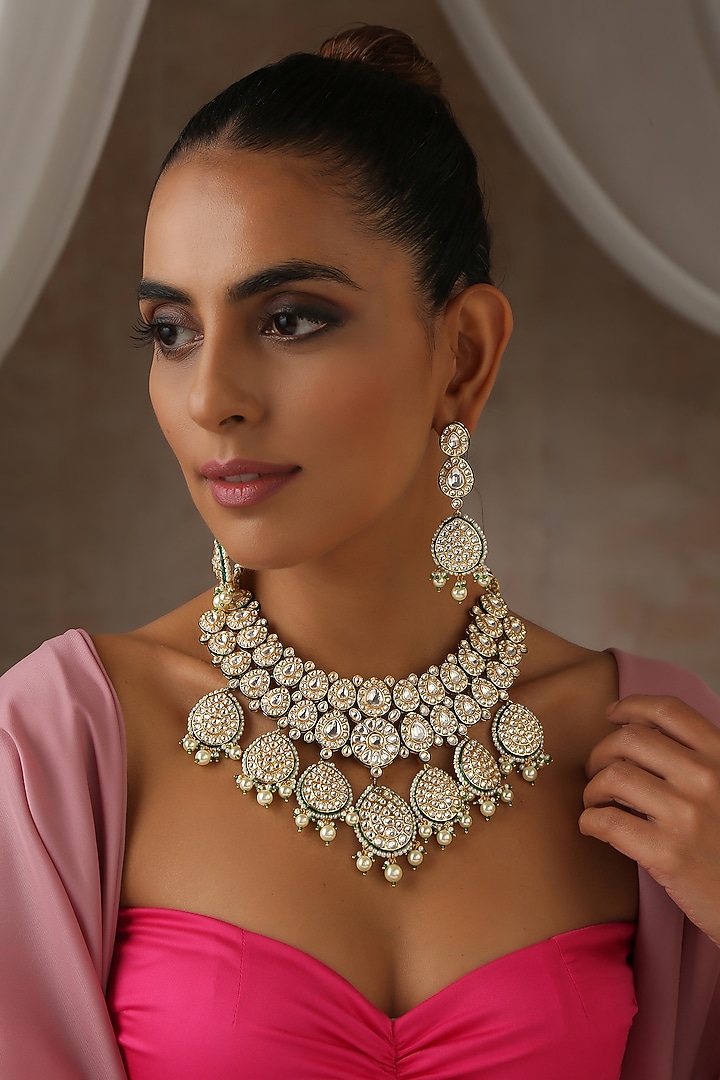 Gold Finish Moissanite Polki & Pearl Long Necklace Set by Swabhimann Jewellery at Pernia's Pop Up Shop