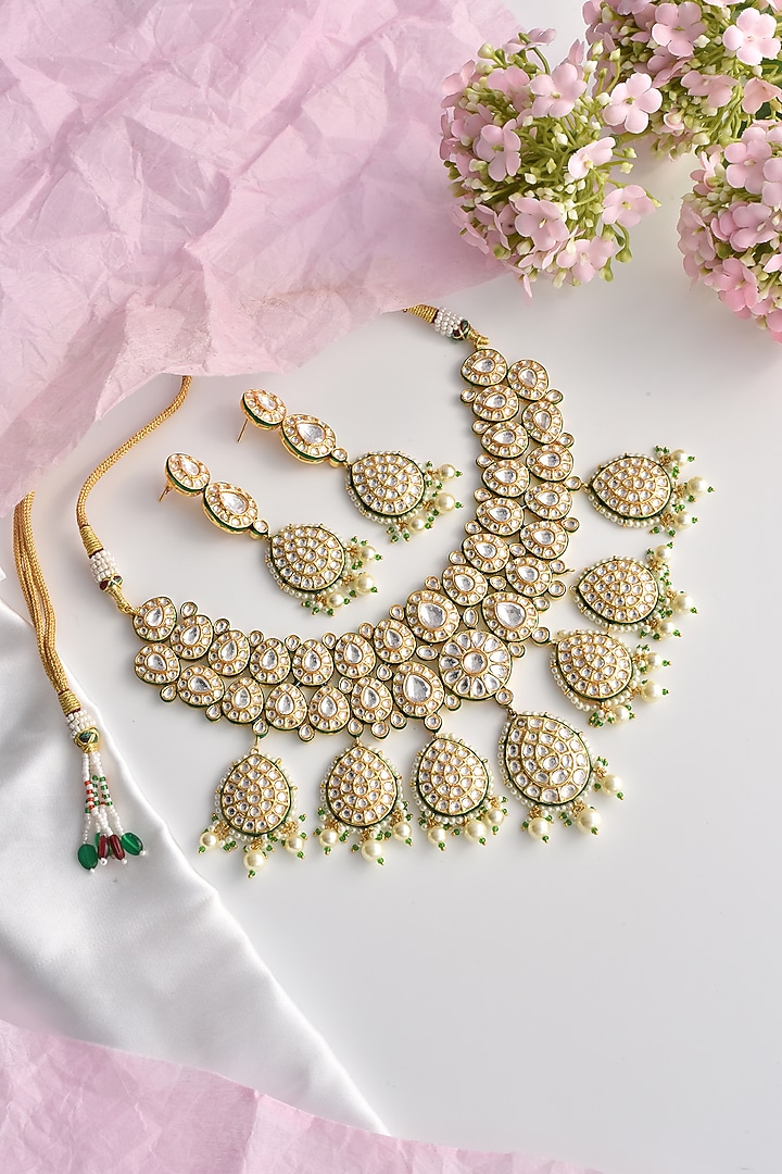 Gold Finish Moissanite Polki & Pearl Long Necklace Set by Swabhimann Jewellery at Pernia's Pop Up Shop