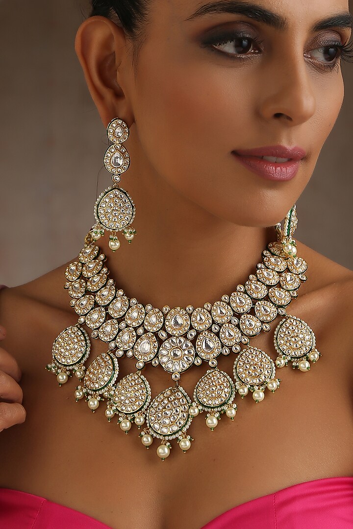 Gold Finish Moissanite Polki & Pearl Long Necklace Set by Swabhimann Jewellery at Pernia's Pop Up Shop