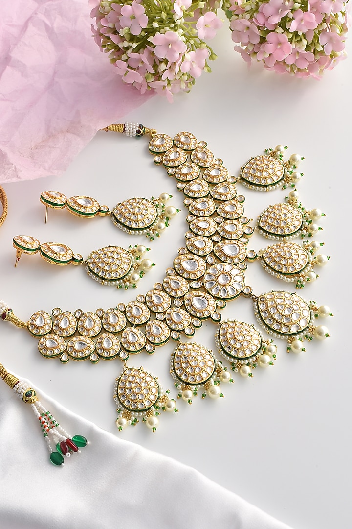 Gold Finish Moissanite Polki & Pearl Long Necklace Set by Swabhimann Jewellery at Pernia's Pop Up Shop