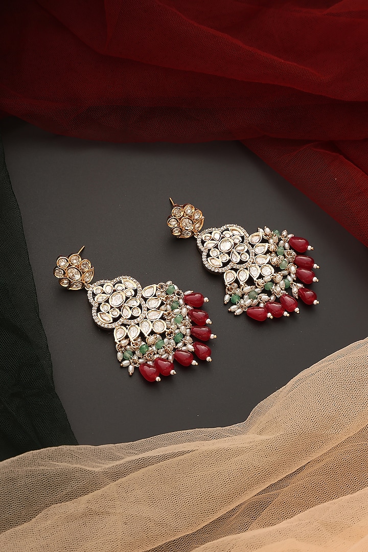 Gold Finish Kundan Polki Chandbaali Earrings by Swabhimann Jewellery at Pernia's Pop Up Shop