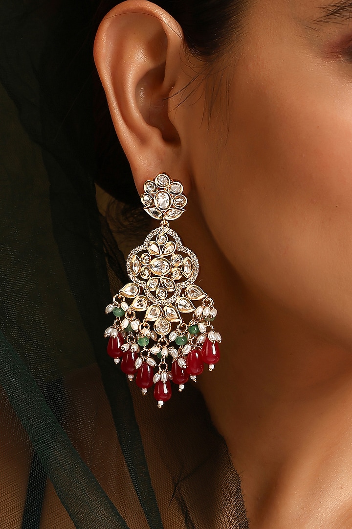 Gold Finish Kundan Polki Chandbaali Earrings by Swabhimann Jewellery at Pernia's Pop Up Shop