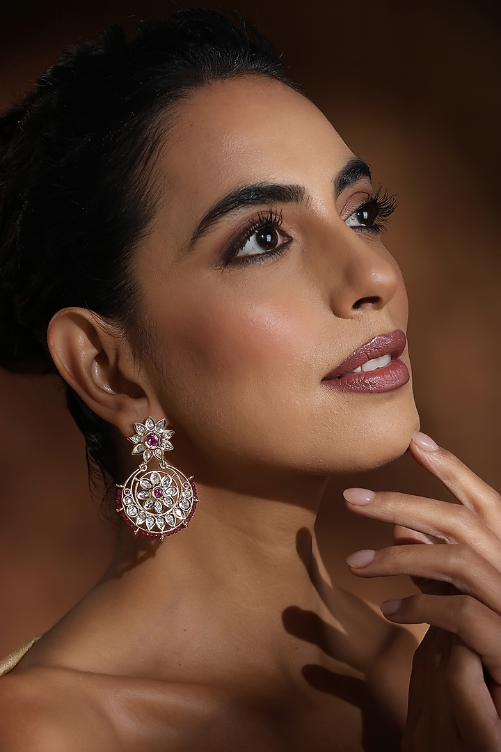 Rose Gold Finish Red Kundan Polki Chandbali Earrings by Swabhimann Jewellery at Pernia's Pop Up Shop