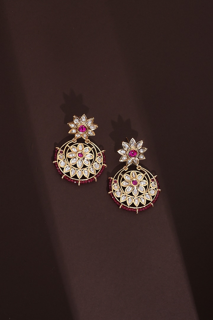 Rose Gold Finish Red Kundan Polki Chandbali Earrings by Swabhimann Jewellery at Pernia's Pop Up Shop