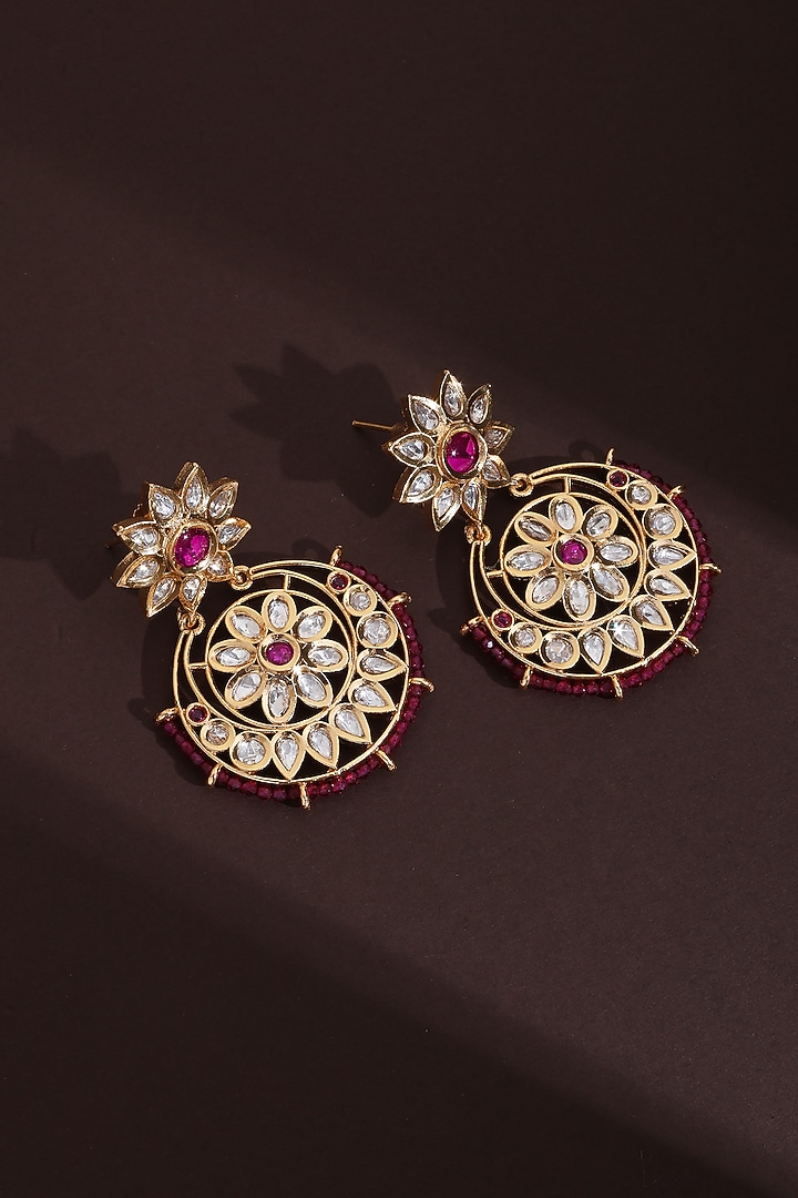 Rose Gold Finish Red Kundan Polki Chandbali Earrings by Swabhimann Jewellery at Pernia's Pop Up Shop