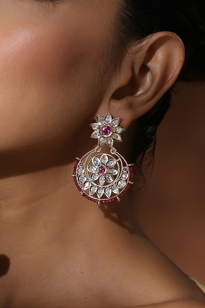 Rose Gold Finish Red Kundan Polki Chandbali Earrings by Swabhimann Jewellery at Pernia's Pop Up Shop