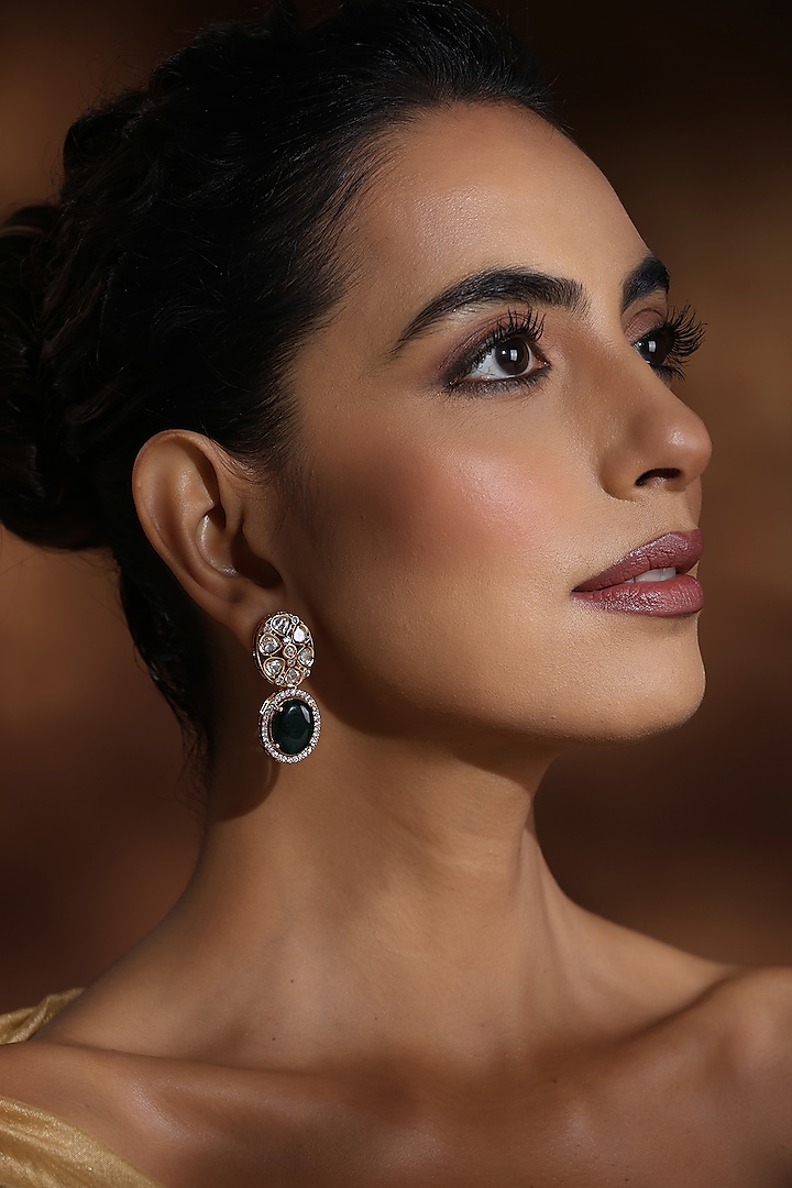 Rose Gold Finish Green Kundan Polki Dangler Earrings by Swabhimann Jewellery at Pernia's Pop Up Shop