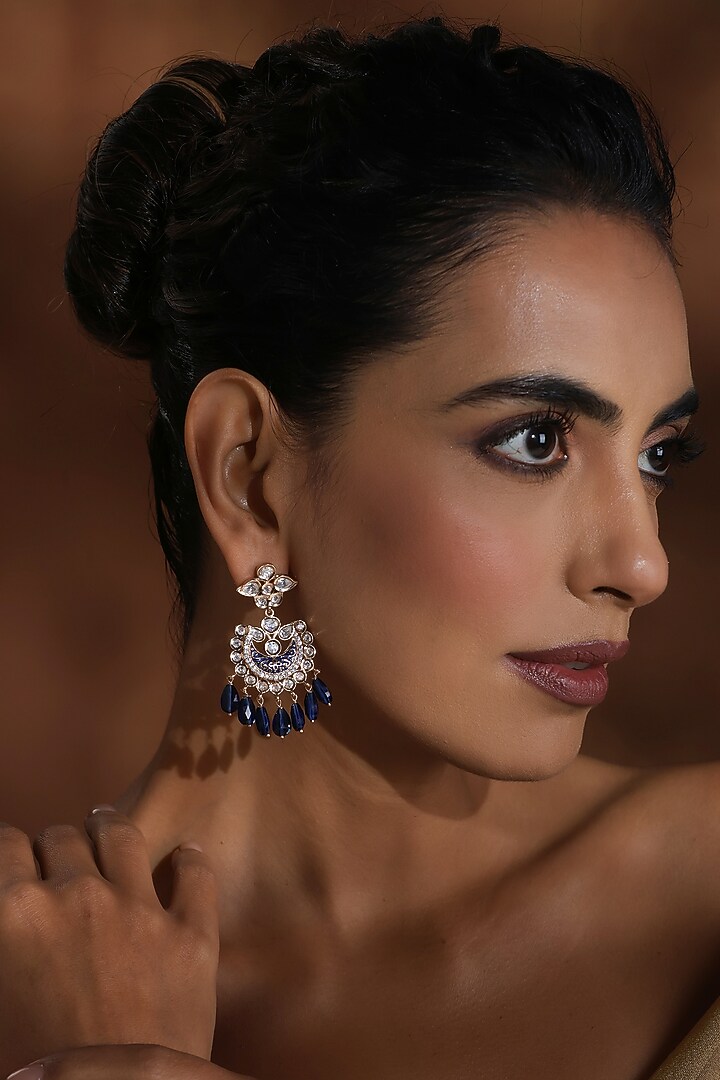 Rose Gold Finish Blue Kundan Polki Chandbali Earrings by Swabhimann Jewellery at Pernia's Pop Up Shop