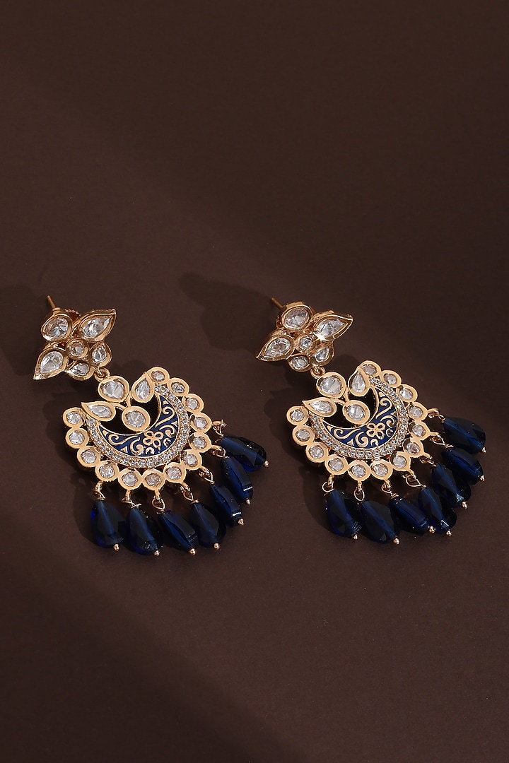 Rose Gold Finish Blue Kundan Polki Chandbali Earrings by Swabhimann Jewellery at Pernia's Pop Up Shop