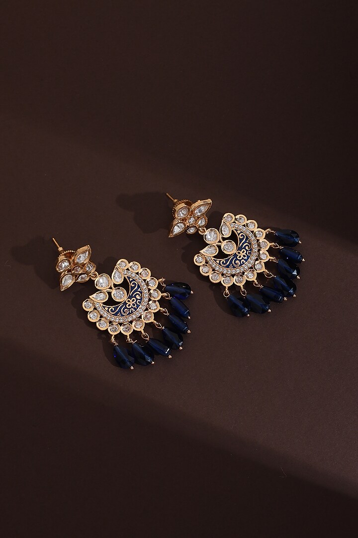 Rose Gold Finish Blue Kundan Polki Chandbali Earrings by Swabhimann Jewellery at Pernia's Pop Up Shop
