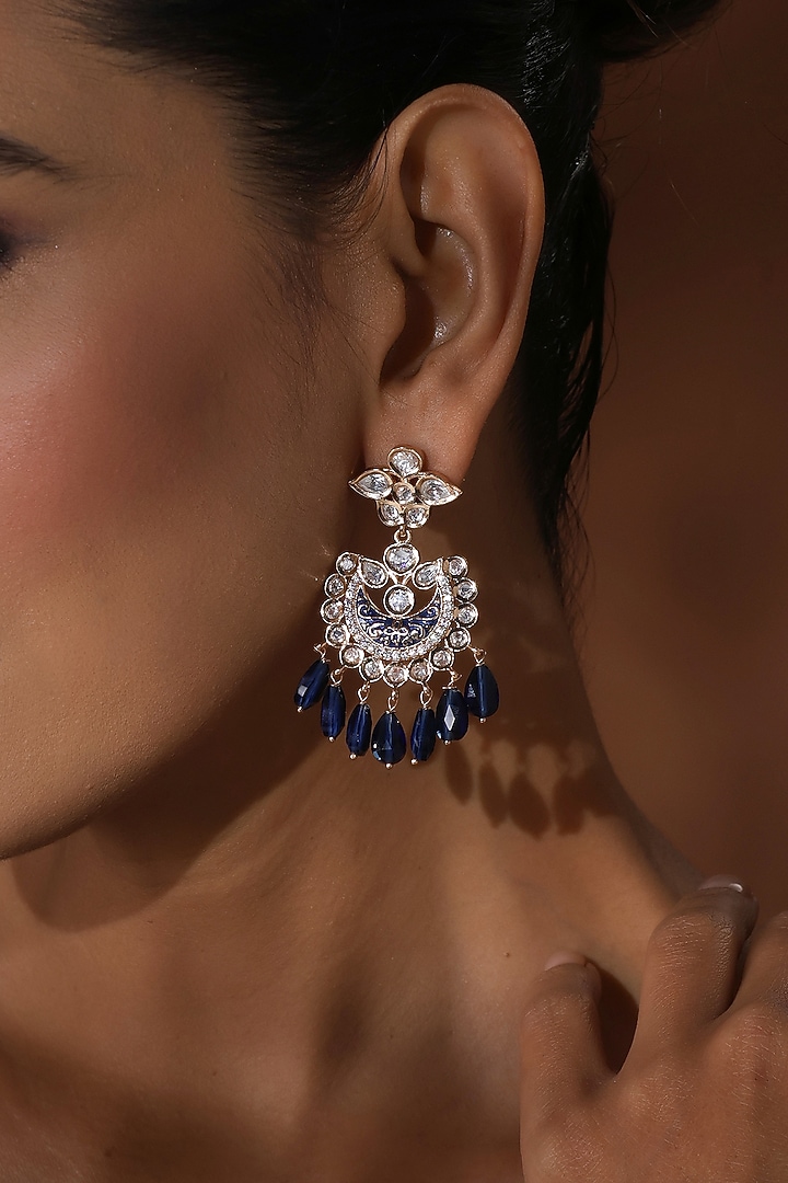 Rose Gold Finish Blue Kundan Polki Chandbali Earrings by Swabhimann Jewellery at Pernia's Pop Up Shop