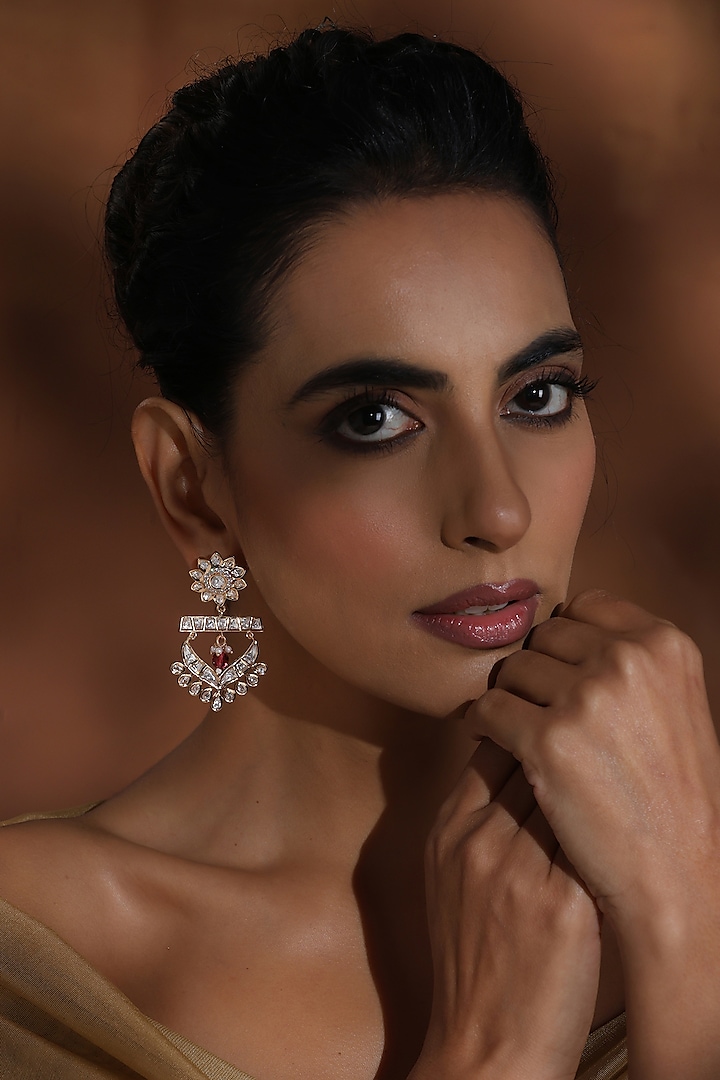 Rose Gold Finish Kundan Polki Chandbali Earrings by Swabhimann Jewellery at Pernia's Pop Up Shop