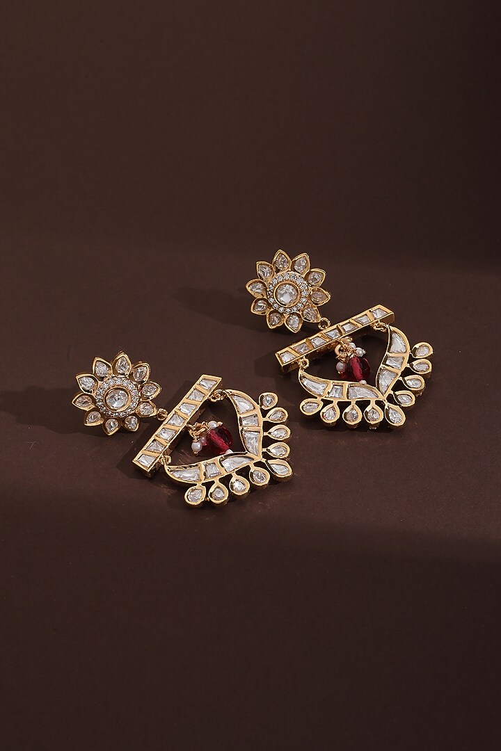Rose Gold Finish Kundan Polki Chandbali Earrings by Swabhimann Jewellery at Pernia's Pop Up Shop