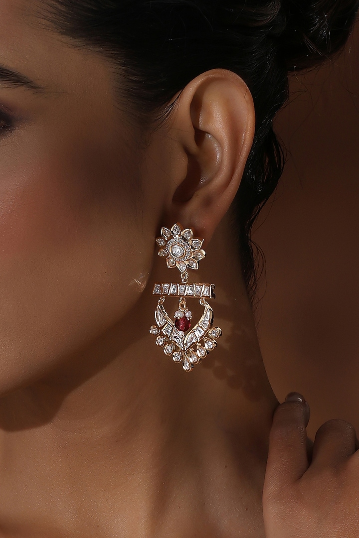 Rose Gold Finish Kundan Polki Chandbali Earrings by Swabhimann Jewellery at Pernia's Pop Up Shop