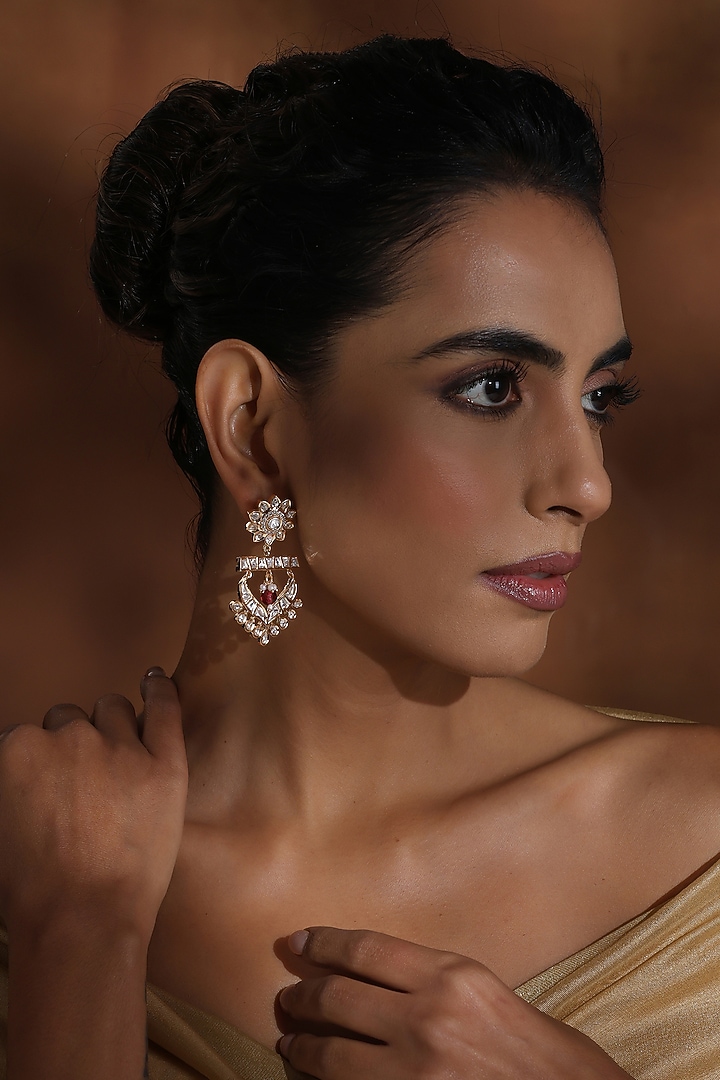 Rose Gold Finish Kundan Polki Chandbali Earrings by Swabhimann Jewellery at Pernia's Pop Up Shop