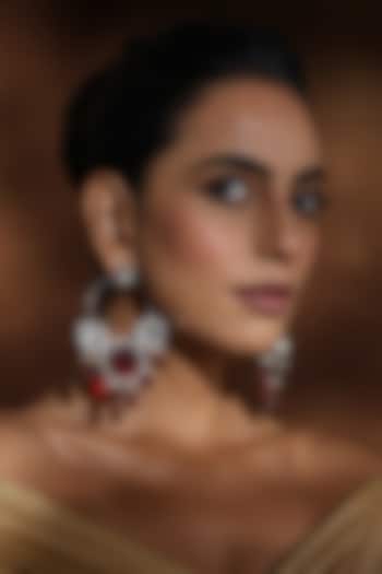 Rose Gold Finish Red & Silver Kundan Polki Chandbali Earrings by Swabhimann Jewellery at Pernia's Pop Up Shop