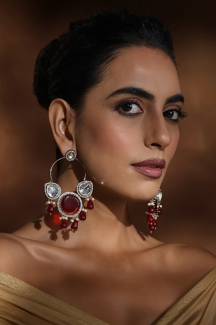 Rose Gold Finish Red & Silver Kundan Polki Chandbali Earrings by Swabhimann Jewellery at Pernia's Pop Up Shop