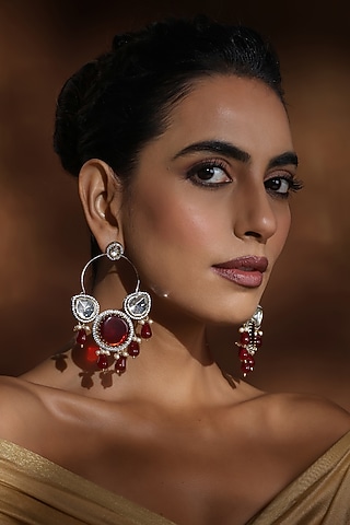 Rose Gold Finish Red & Silver Kundan Polki Chandbali Earrings by Swabhimann Jewellery
