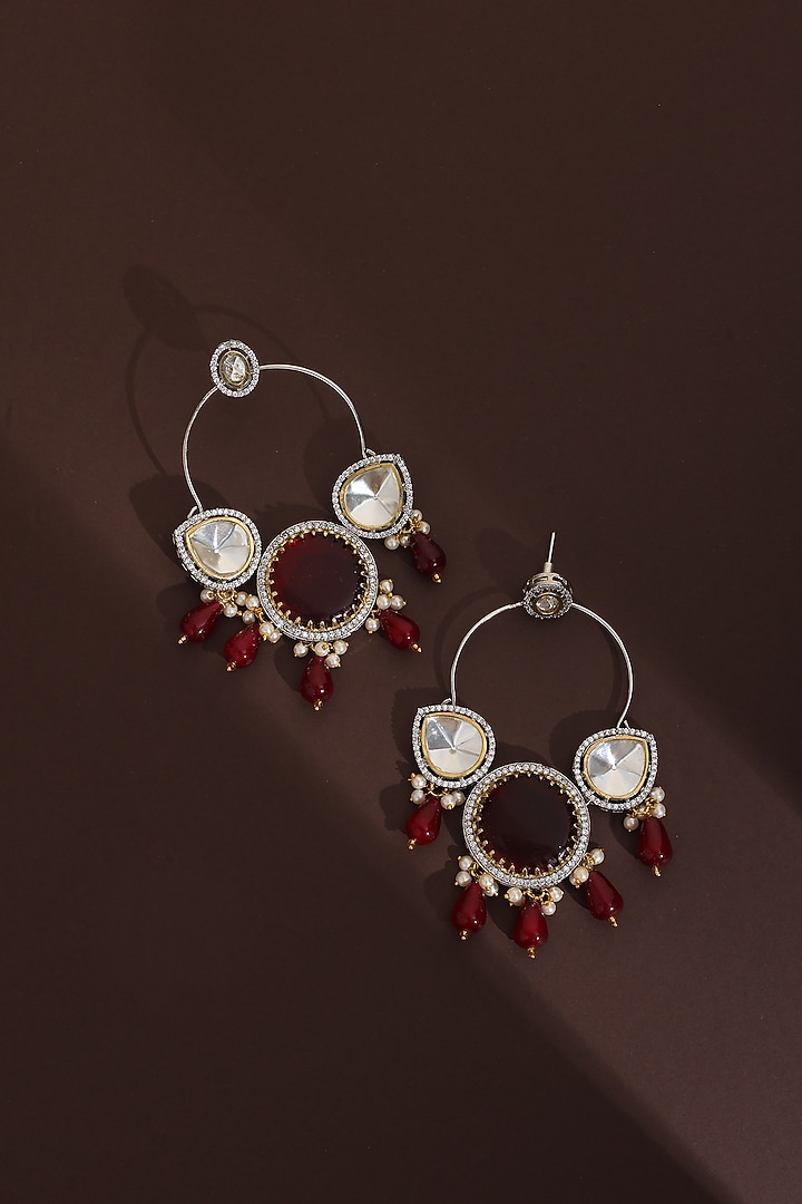 Rose Gold Finish Red & Silver Kundan Polki Chandbali Earrings by Swabhimann Jewellery at Pernia's Pop Up Shop