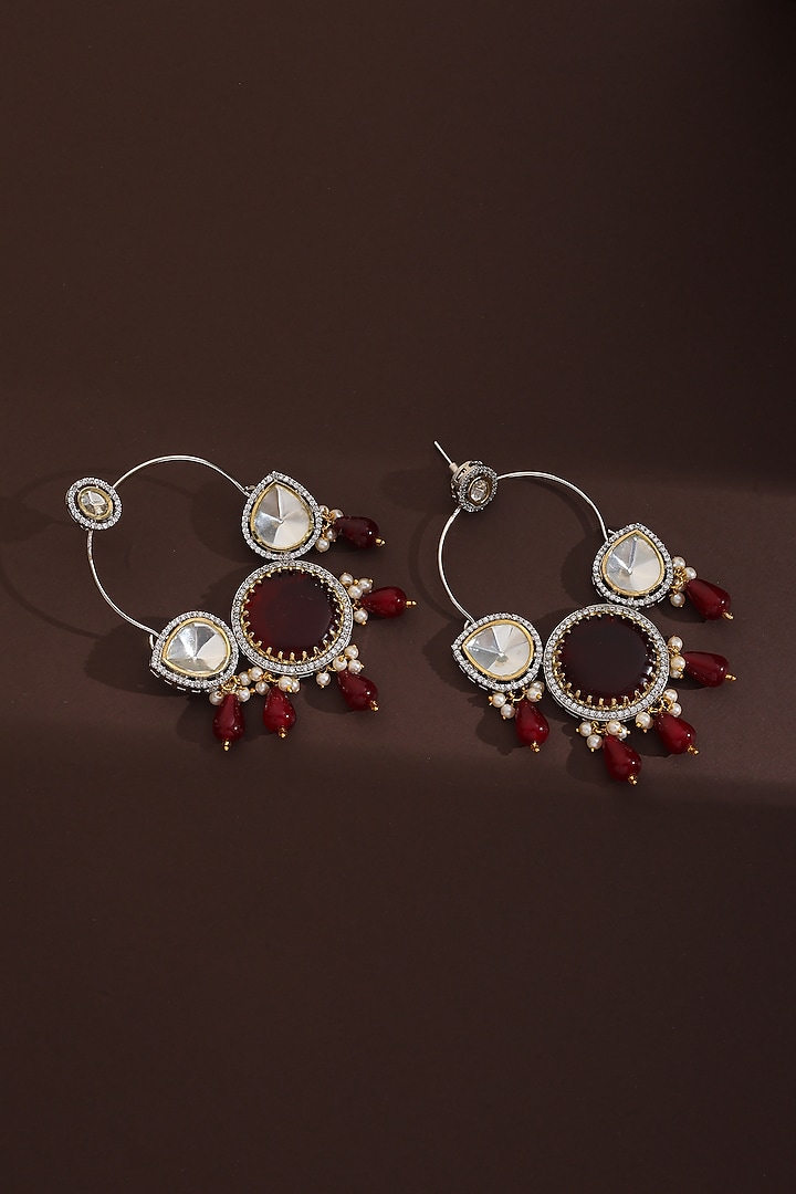 Rose Gold Finish Red & Silver Kundan Polki Chandbali Earrings by Swabhimann Jewellery at Pernia's Pop Up Shop