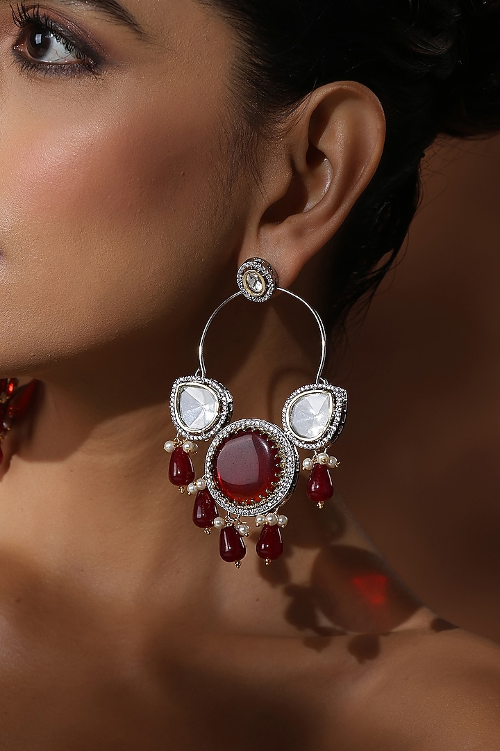 Rose Gold Finish Red & Silver Kundan Polki Chandbali Earrings by Swabhimann Jewellery at Pernia's Pop Up Shop