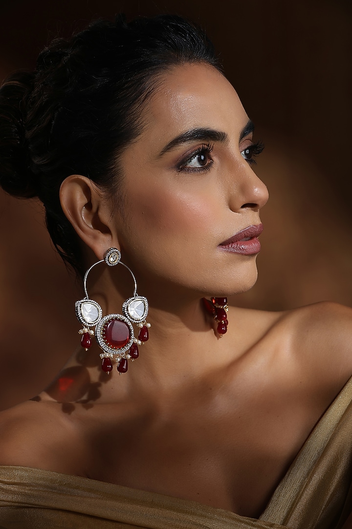Rose Gold Finish Red & Silver Kundan Polki Chandbali Earrings by Swabhimann Jewellery at Pernia's Pop Up Shop