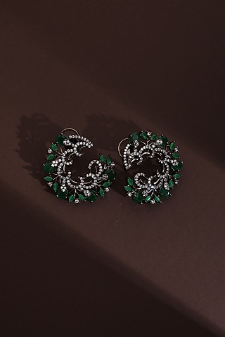 Black Rhodium Finish Green Zircon Hoop Earrings by Swabhimann Jewellery