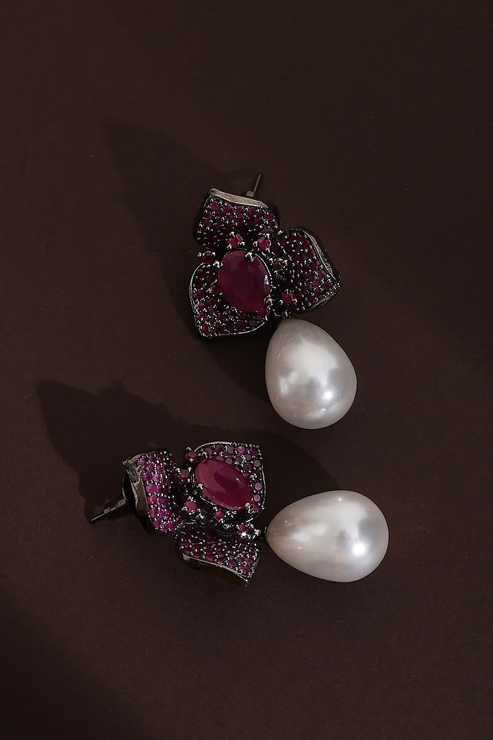 Black Rhodium Finish Magenta Zircon Stud Earrings by Swabhimann Jewellery at Pernia's Pop Up Shop