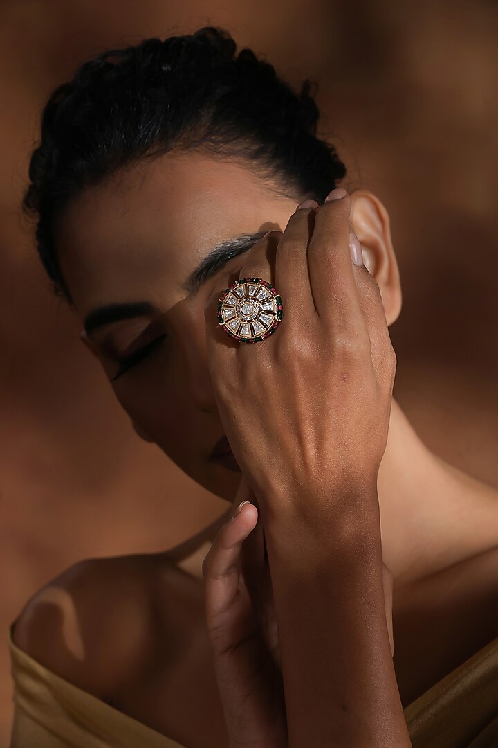 Rose Gold Finish Multi-Colored Kundan Polki Ring by Swabhimann Jewellery at Pernia's Pop Up Shop
