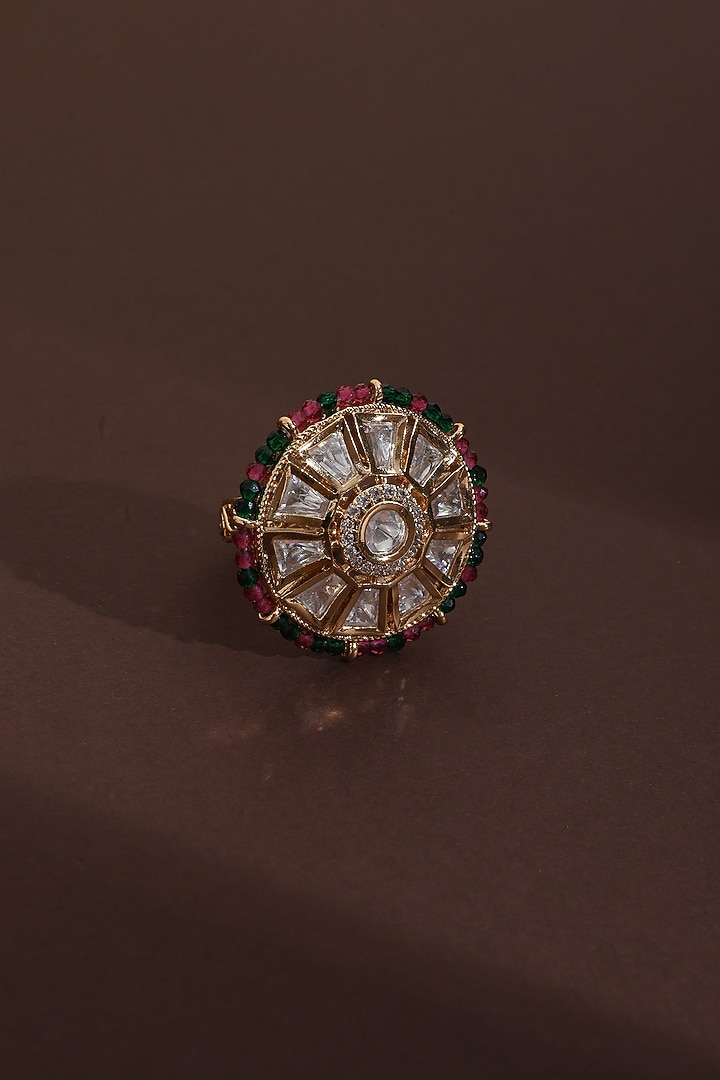 Rose Gold Finish Multi-Colored Kundan Polki Ring by Swabhimann Jewellery at Pernia's Pop Up Shop