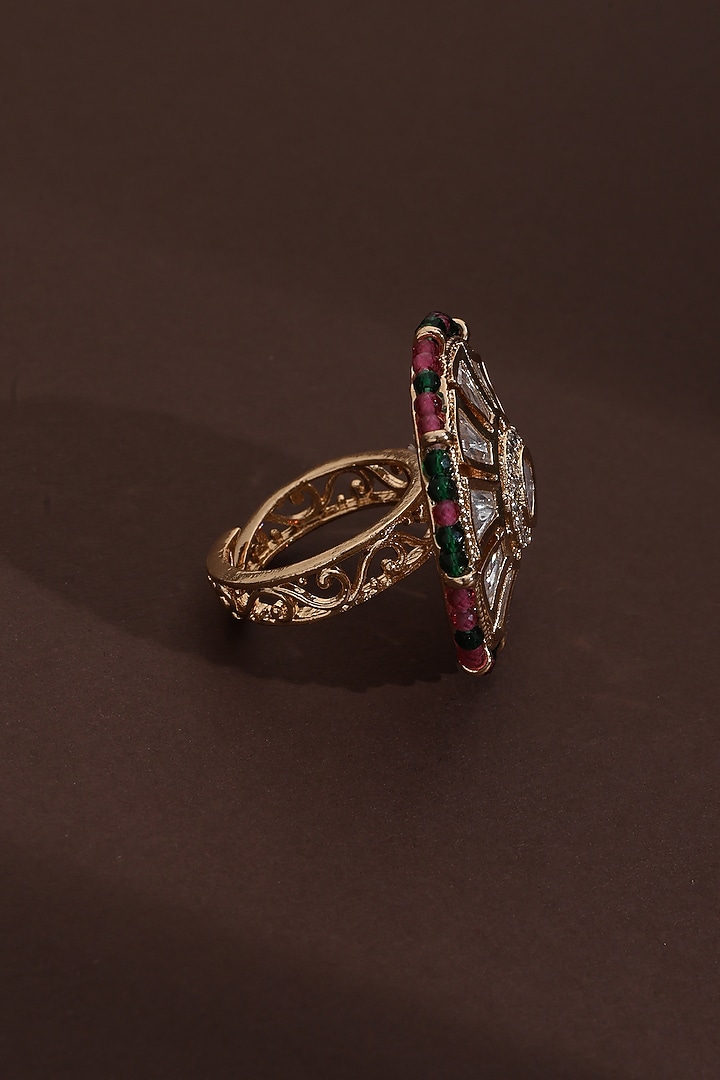 Rose Gold Finish Multi-Colored Kundan Polki Ring by Swabhimann Jewellery at Pernia's Pop Up Shop