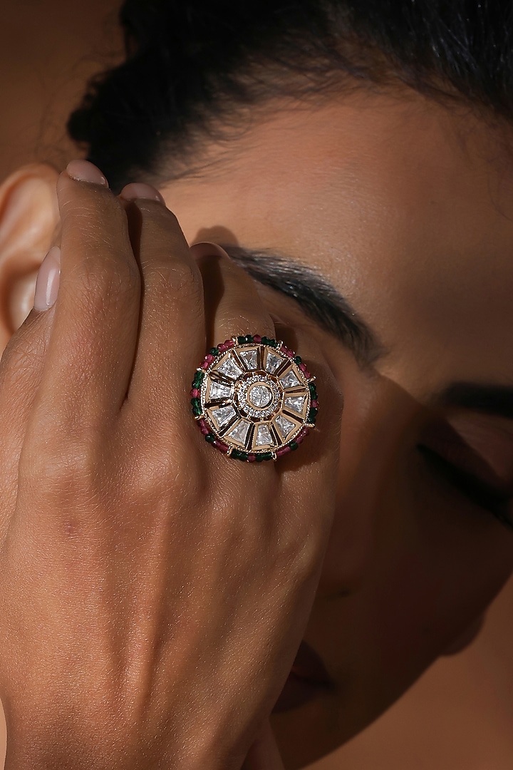 Rose Gold Finish Multi-Colored Kundan Polki Ring by Swabhimann Jewellery at Pernia's Pop Up Shop