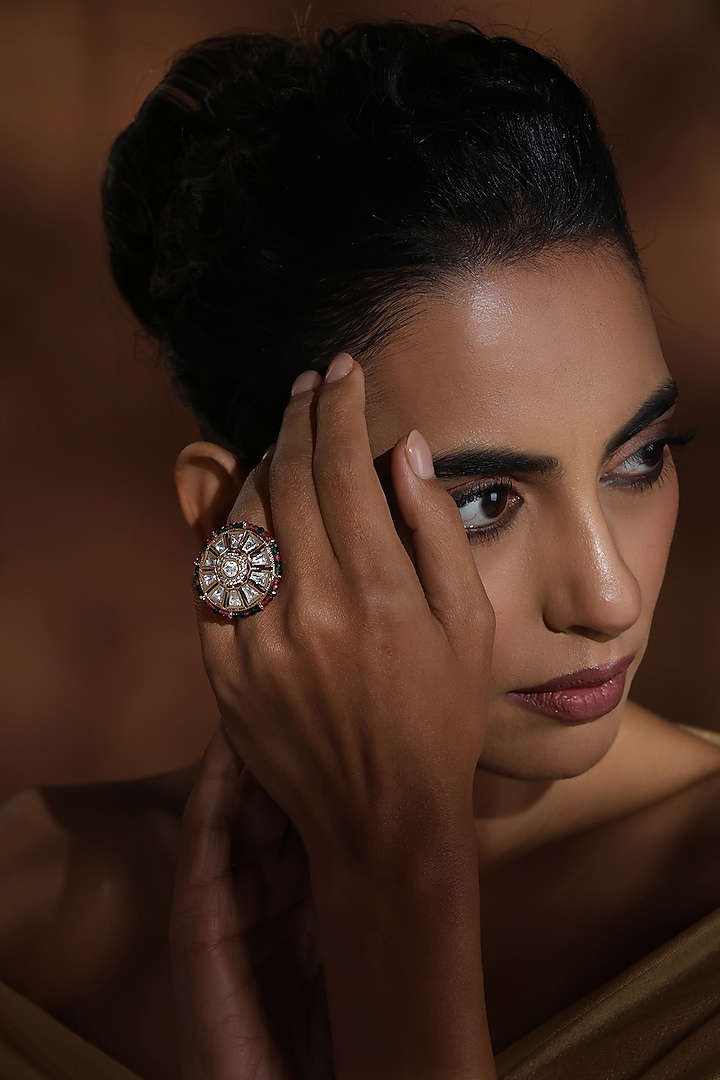Rose Gold Finish Multi-Colored Kundan Polki Ring by Swabhimann Jewellery at Pernia's Pop Up Shop