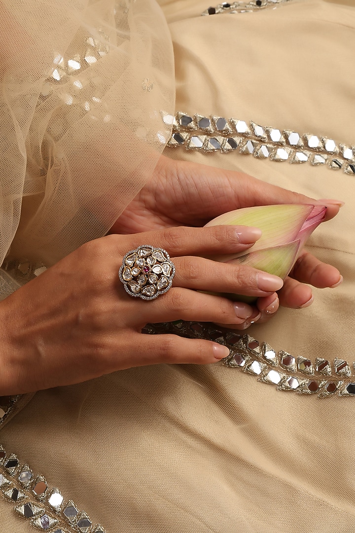 Gold Finish Red Kundan Polki Adjustable Ring by Swabhimann Jewellery at Pernia's Pop Up Shop