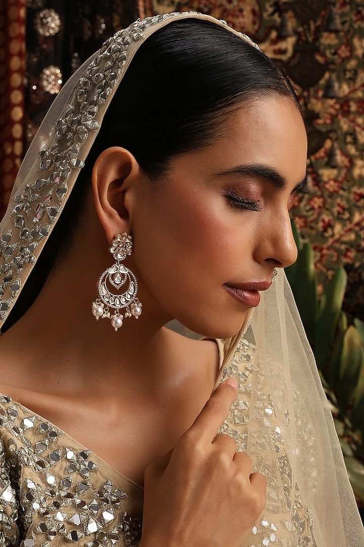 Gold Finish Kundan Polki Handcrafted Chandbali Earrings by Swabhimann Jewellery at Pernia's Pop Up Shop