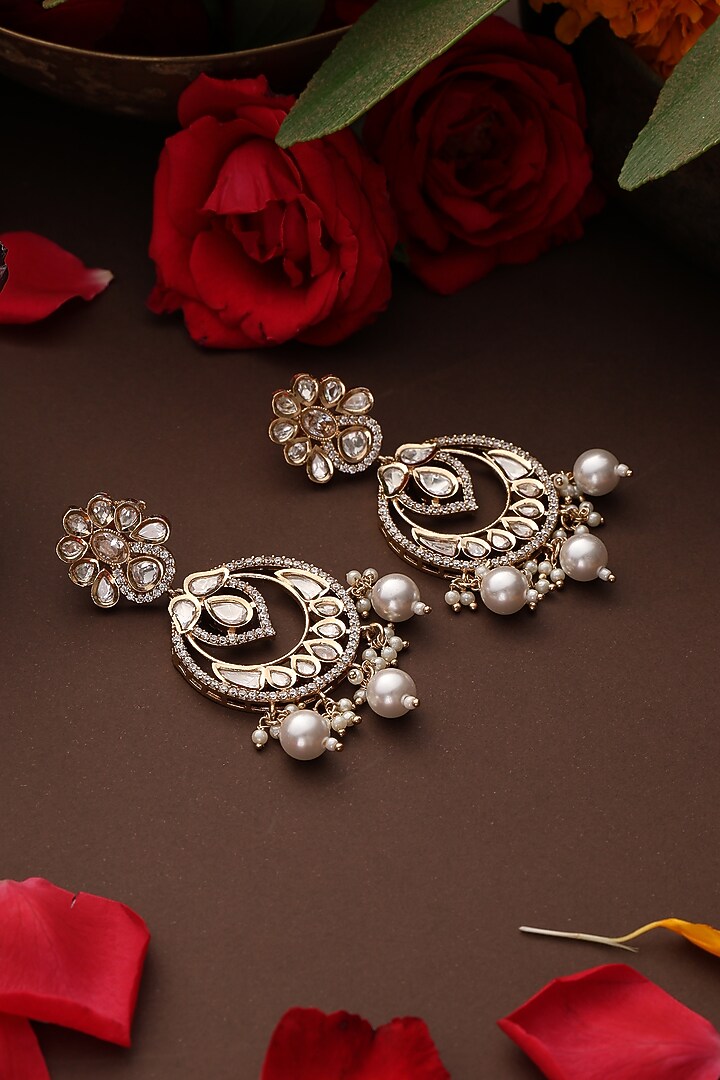 Gold Finish Kundan Polki Handcrafted Chandbali Earrings by Swabhimann Jewellery at Pernia's Pop Up Shop