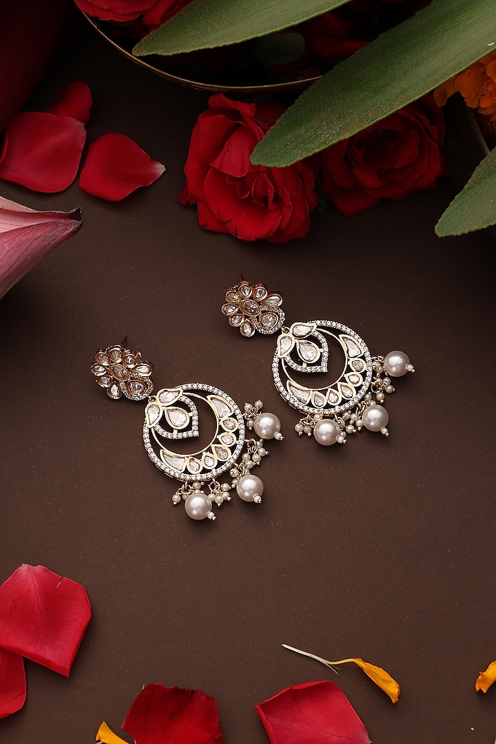 Gold Finish Kundan Polki Handcrafted Chandbali Earrings by Swabhimann Jewellery at Pernia's Pop Up Shop